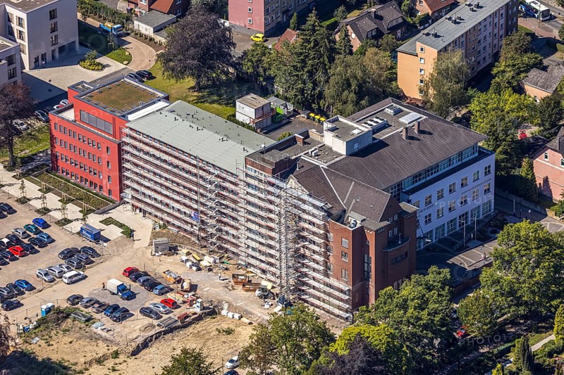 Aerial view, construction site Widumer Höfe, the future retirement home of the St. Elisabeth Group, Widumer Straße, Herne, Ruhr area, North Rhine-Westphalia, Germany, retirement home, old people's home, retirement home, place of worship, construction work, building, building area, building site, building plots, construction project, construction site, burial site, care and nursing, DE, Europe, cemetery, memorial, religious community, place of worship, house of worship, crypt, graves, burial ground, church, parish, denomination, aerial view, aerial photography, aerial photography, Rhine-Ruhr metropolitan region, new building, care facility, religion, resting place, retirement home, retirement residence, retirement home, retirement centre, overview, bird's-eye view, bird's-eye view, overview