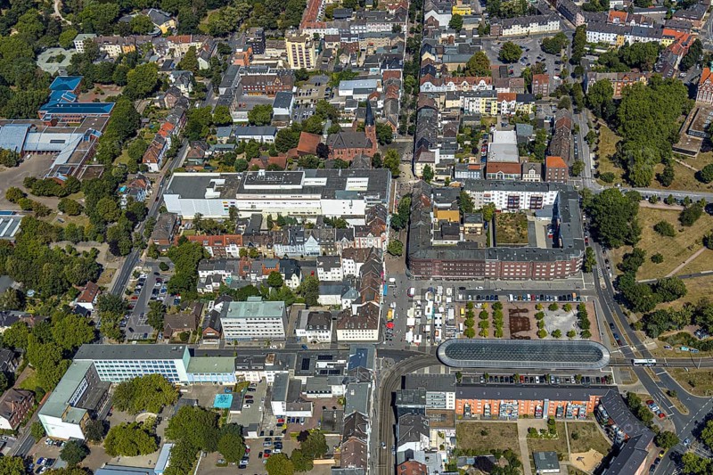 Aerial view, City of Herne - Department Children-Youth-Family, ChristusKirche Wanne, Gymnasium Wanne, Am Buschmannshof, futuristic stop, Herne, Ruhr area, North Rhine-Westphalia, Germany, place of worship, authority, education, educational institution, DE, Europe, religious community, house of worship, grammar school, church, parish, denomination, educational institute, aerial view, aerial photography, aerial photography, Rhine-Ruhr metropolitan region, religion, school, overview, bird's-eye view, overview, roofing