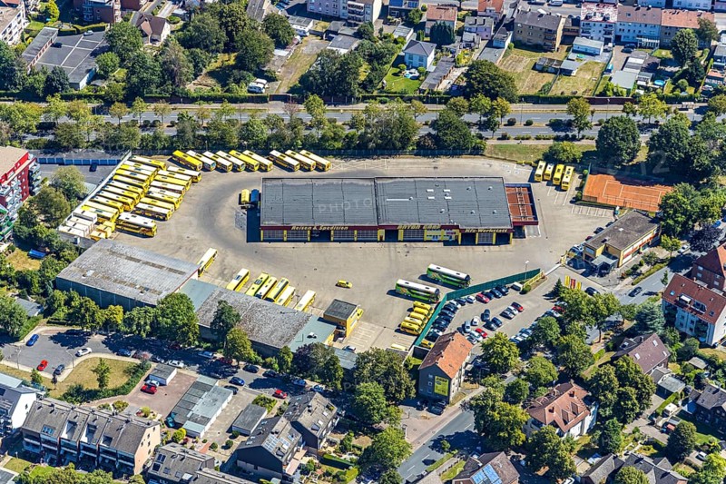 Aerial photo, Graf Reisen, bus company and forwarding agency, Herne, Ruhr area, North Rhine-Westphalia, Germany, bus travel, DE, Edmund-Weber-Straße, Europe, aerial photo, aerial photography, aerial photography, Rhine-Ruhr metropolitan region, travel agency, forwarding agency, overview, bird's eye view, bird's eye view, overview