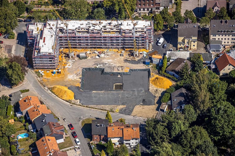 Aerial view, construction site Widumer Höfe, the future retirement home of the St. Elisabeth Group, Widumer Straße, Herne, Ruhr area, North Rhine-Westphalia, Germany, DE, Europe, aerial view, aerial photography, aerial photography, Rhine-Ruhr metropolitan region, overview, bird's-eye view, overview