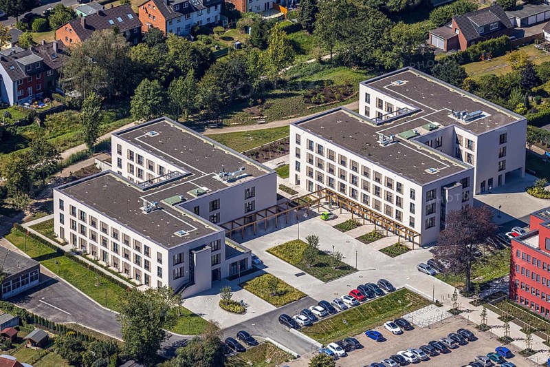 Aerial view, construction site Widumer Höfe, the future retirement home of the St. Elisabeth Group, Widumer Straße, Herne, Ruhr area, North Rhine-Westphalia, Germany, DE, Europe, aerial view, aerial photography, aerial photography, Rhine-Ruhr metropolitan region, overview, bird's-eye view, overview