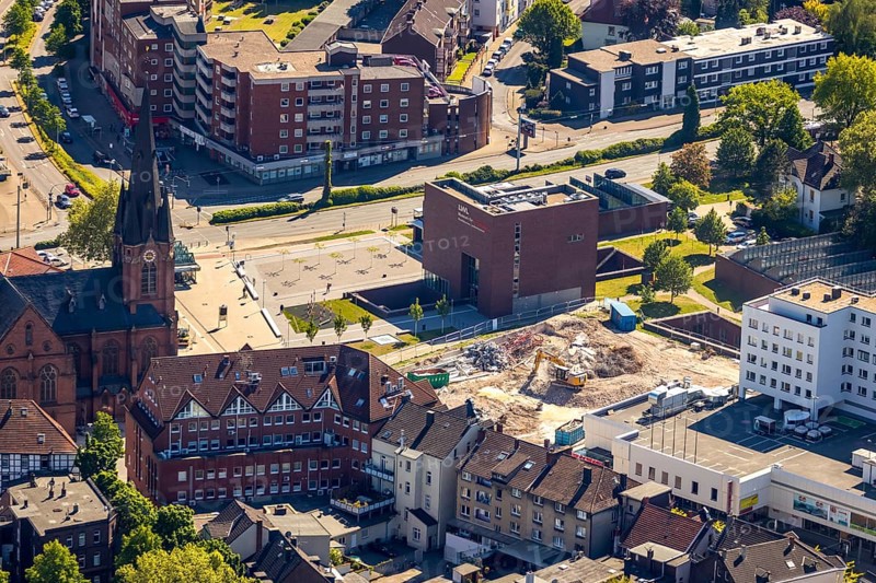 Aerial photograph, new building at Europaplatz, LWL Museum of Archaeology, Kreuzkirche, Herne, Ruhr area, North Rhine-Westphalia, Germany, place of worship, construction work, construction area, construction site, construction project, construction site, DE, Europe, religious community, place of worship, capacity requirement, church, parish, denomination, LWL, Landschaftsverband Westfalen-Lippe, aerial view, aerial photography, aerial photography, museum, religion, overview, bird's-eye view, Westphalian State Museum, birds-eyes view, overview