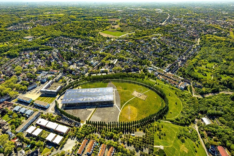 Aerial view, tree avenue Mont-Cenis colliery, Mont-Cenis academy, Herne, Ruhr area, North Rhine-Westphalia, Germany, tree circle, DE, energy park, Europe, distant view, training institute, aerial photograph, aerial photography, aerial photography, Mont-Cenis square, overview, bird's eye view, birds-eyes view, former Mont-Cenis colliery, former coal mine, overview