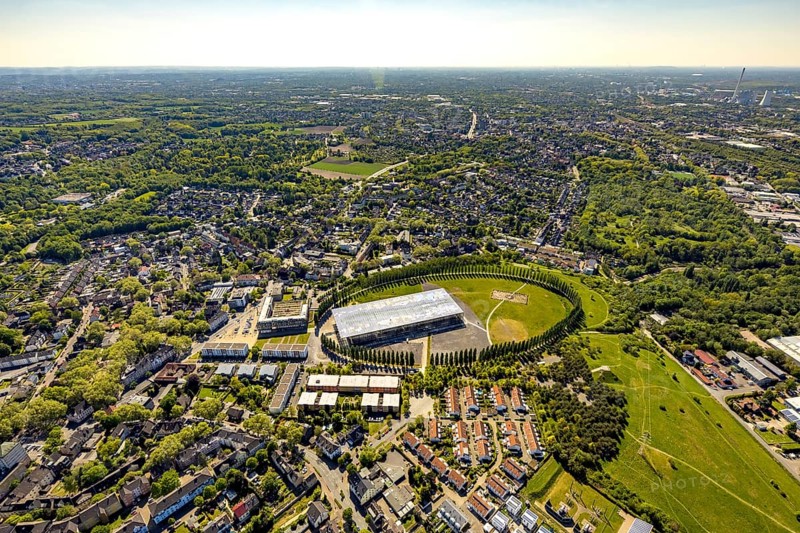 Aerial view, tree avenue Mont-Cenis colliery, Mont-Cenis academy, Herne, Ruhr area, North Rhine-Westphalia, Germany, tree circle, DE, energy park, Europe, distant view, training institute, aerial view, aerial photography, aerial photography, Mont-Cenis square, terraced houses, overview, bird's-eye view, former Mont-Cenis colliery, former coal mine, overview