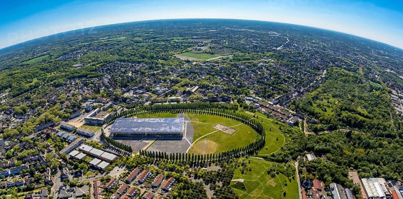Aerial view, tree avenue Mont-Cenis colliery, Mont-Cenis Academy, Herne, Ruhr area, North Rhine-Westphalia, Germany, DE, Europe, fisheye lens, aerial view, aerial photography, aerial photography, overview, bird's-eye view, overview, fish-eye view, fisheye, panoramic image