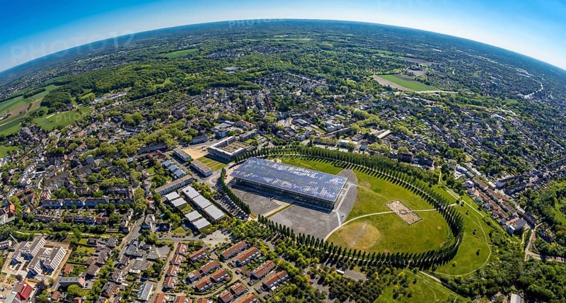 Aerial view, tree avenue Mont-Cenis colliery, Mont-Cenis Academy, Herne, Ruhr area, North Rhine-Westphalia, Germany, tree circle, DE, energy park, Europe, distant view, fisheye lens, training institute, aerial photograph, aerial photography, aerial photography, Mont-Cenis square, super wide-angle lens, overview, bird's-eye view, former Mont-Cenis colliery, former coal mine, overview, fish eye image, fisheye, panoramic image