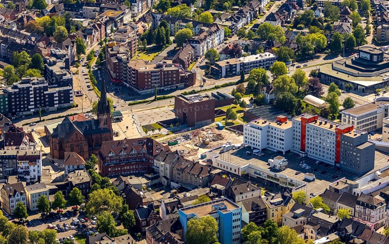 Aerial photograph, new building at Europaplatz, LWL Museum of Archaeology, Kreuzkirche, Herne, Ruhr area, North Rhine-Westphalia, Germany, place of worship, construction work, construction area, construction site, construction project, construction site, DE, Europe, religious community, place of worship, capacity requirement, church, parish, denomination, LWL, Landschaftsverband Westfalen-Lippe, aerial view, aerial photography, aerial photography, museum, religion, overview, bird's-eye view, Westphalian State Museum, birds-eyes view, overview