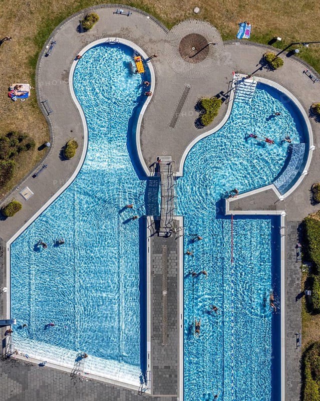Aerial view, swimming pool south pool, Herne, Ruhr area, North Rhine-Westphalia, Germany, distance rule, bathing establishment, bathing resort, mountain road, corona crisis, corona measures, corona virus, corona fear, Covid-19, DE, Europe, outdoor pool, leisure, hygiene measures, aerial view, aerial photography, aerial photography, aerial photography, Rhine-Ruhr metropolitan region, pandemic fear, swimming pool, swimming pool, overview, bird's eye view, overview