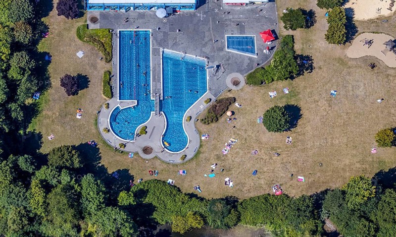 Aerial view, swimming pool south pool, Herne, Ruhr area, North Rhine-Westphalia, Germany, distance rule, bathing establishment, bathing resort, mountain road, corona crisis, corona measures, corona virus, corona fear, Covid-19, DE, Europe, outdoor pool, leisure, hygiene measures, aerial view, aerial photography, aerial photography, aerial photography, Rhine-Ruhr metropolitan region, pandemic fear, swimming pool, swimming pool, overview, bird's eye view, overview