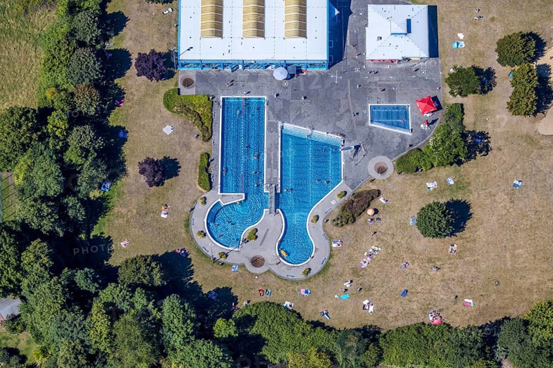 Aerial view, swimming pool south pool, Herne, Ruhr area, North Rhine-Westphalia, Germany, distance rule, bathing establishment, bathing resort, mountain road, corona crisis, corona measures, corona virus, corona fear, Covid-19, DE, Europe, outdoor pool, leisure, hygiene measures, aerial view, aerial photography, aerial photography, aerial photography, Rhine-Ruhr metropolitan region, pandemic fear, swimming pool, swimming pool, overview, bird's eye view, overview
