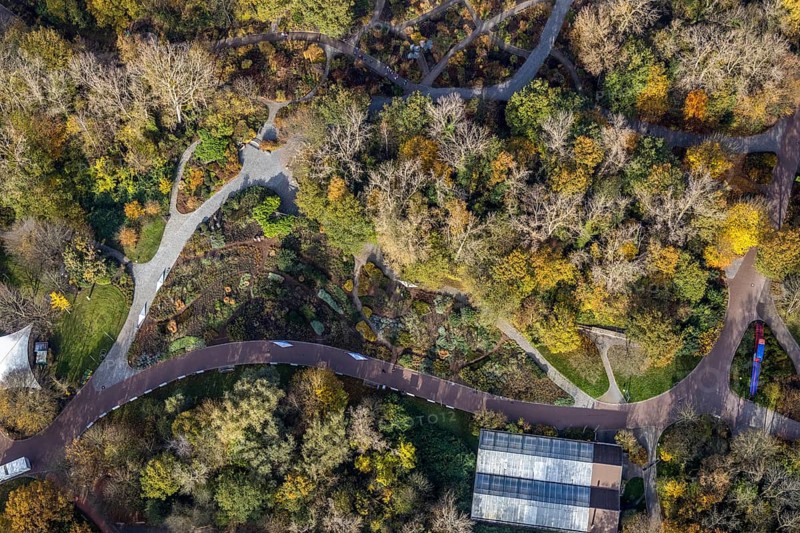 Aerial view, Maximilianpark Hamm, rose beds, Uentrop, Hamm, Ruhr area, North Rhine-Westphalia, Germany, DE, Europe, shapes and colours, leisure park, site of the disused Maximilian colliery, glass elephant landmark, aerial view, aerial photography, MaxiPark, rose beds, overview, bird's-eye view, overview