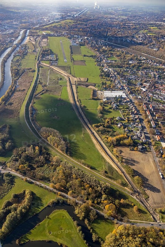 Aerial view, Hamm airfield, Lippe floodplain, Münsterstraße, Hamm lock, Lippe river, Datteln-Hamm canal, Heessen, Hamm, Ruhr area, North Rhine-Westphalia, Germany, Am Flugplatz Hamm, construction work, construction area, construction site, construction project, construction site, DE, habitat, Europe, distant view, Mattenbecke sewage treatment plant, aerial view, aerial photography, aerial photography, nature reserve, overview, bird's-eye view, overview