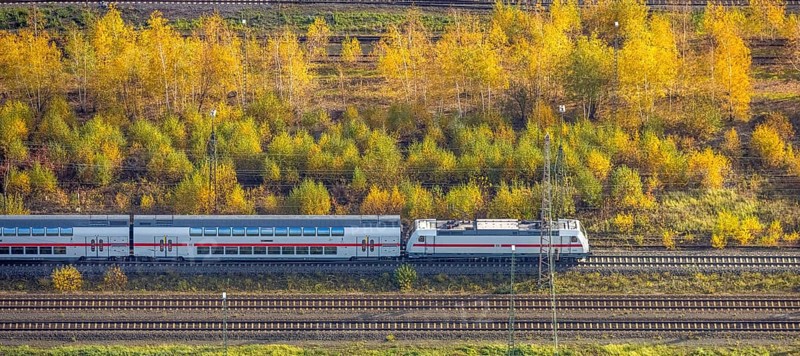 Aerial view, double-decker passenger train, centre, Hamm, Ruhr area, North Rhine-Westphalia, Germany, railway tracks, DE, Deutsche Bahn AG, Europe, aerial view, aerial photography, aerial photography, passenger transport, passenger train, overview, bird's-eye view, train, train journey, train traffic, birds-eyes view, overview