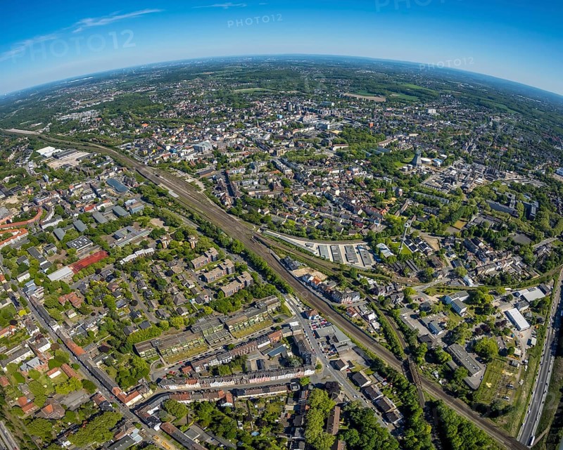 Aerial view, townscape with fisheye lens, goods station, overview, centre-west, Herne, Ruhr area, North Rhine-Westphalia, Germany, City, DE, Europe, fisheye lens, aerial view, aerial photography, aerial photography, townscape, city area, super wide angle lens, bird's eye view, bird's eye view, overview