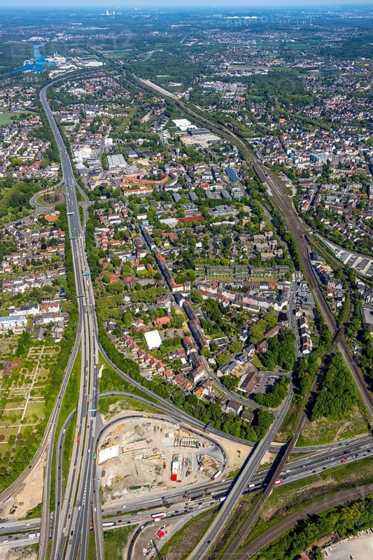 Aerial view, construction site due to A43 extension, motorway junction Herne, motorway A42, view to Herne North, Herne, Ruhr area, North Rhine-Westphalia, Germany, railway station Herne, DE, Europe, aerial view, aerial photography, aerial photography, overview, bird's-eye view, overview