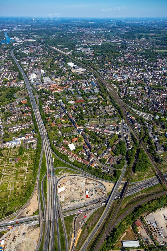 Aerial view, construction site due to A43 extension, motorway junction Herne, motorway A42, view to Herne North, Herne, Ruhr area, North Rhine-Westphalia, Germany, railway station Herne, DE, Europe, aerial view, aerial photography, aerial photography, overview, bird's-eye view, overview