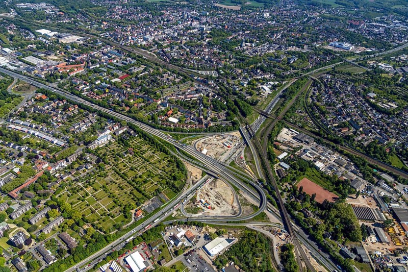 Aerial view, construction site due to A43 extension, motorway junction Herne, motorway A42, motorway A43, Herne, Ruhr area, North Rhine-Westphalia, Germany, motorway, motorway bridge, motorway junction, DE, Europe, aerial view, aerial photography, aerial photography, overview, bird's-eye view, overview