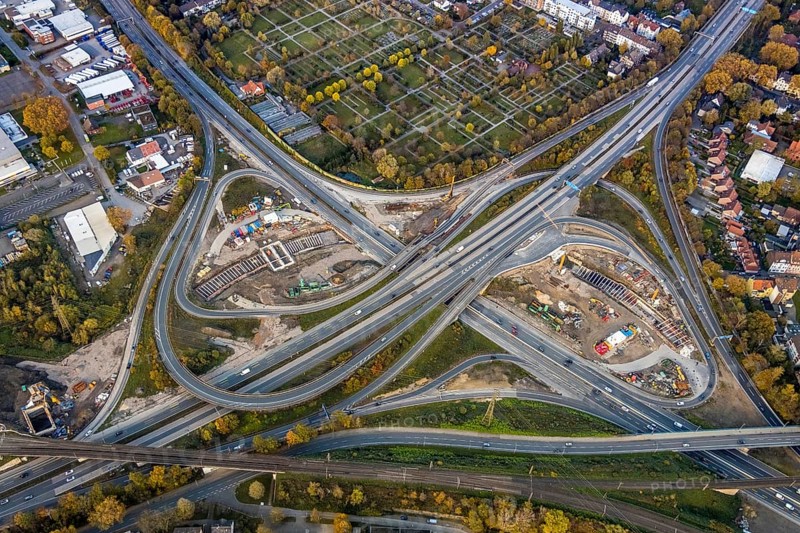 Aerial view of the motorway construction site motorway junction Herne, motorway A42 and A43, major construction site, Baukau, Herne, Ruhr area, North Rhine-Westphalia, Germany, DE, Europe, aerial photo, birds-eyes view, aerial photograph, aerial photography, aerial photography, overview, bird's eye view, traffic infrastructure, dilapidated bridges, tangent, road tunnel, motorway tunnel