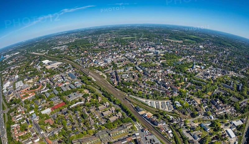 Aerial view, townscape with fisheye lens, goods station, overview, centre-west, Herne, Ruhr area, North Rhine-Westphalia, Germany, City, DE, Europe, fisheye lens, aerial view, aerial photography, aerial photography, townscape, city area, super wide angle lens, bird's eye view, bird's eye view, overview
