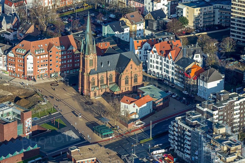 Aerial view, new construction site Europagarten, Europaplatz, Kreuzkirche, Herne-Mitte, Herne, Ruhr area, North Rhine-Westphalia, Germany, place of worship, construction work, building, construction area, building site, building plots, construction project, construction site, DE, Europe, religious community, place of worship, church, parish, denomination, aerial view, aerial photography, aerial photography, metropolitan region Rhine-Ruhr, religion, overview, bird's eye view, birds-eyes view, overview