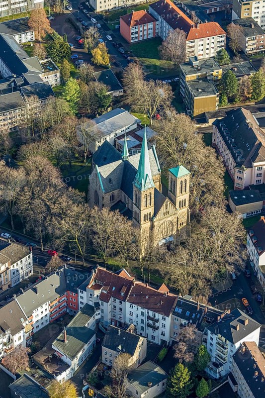 Aerial view, Herz-Jesu-Kirche, Herne-Mitte, Herne, Ruhr area, North Rhine-Westphalia, Germany, place of worship, DE, Europe, religious community, place of worship, holy place, church, parish, denomination, aerial photograph, aerial photography, aerial photography, religion, religious site, overview, bird's-eye view, overview