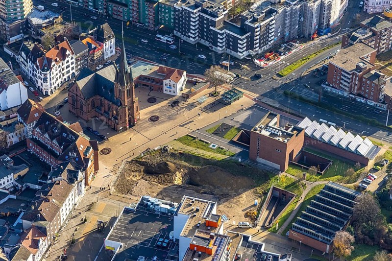 Aerial view, new construction Europagarten, Europaplatz, Kreuzkirche, LWL-Museum für Archäologie, Herne-Mitte, Herne, Ruhr area, North Rhine-Westphalia, Germany, place of worship, construction work, building, construction area, building site, building plots, construction project, construction site, DE, Europe, faith community, place of worship, holy place, church, church community, denomination, aerial view, aerial photography, aerial photography, Rhine-Ruhr metropolitan region, museum, religion, religious site, overview, bird's-eye view, overview