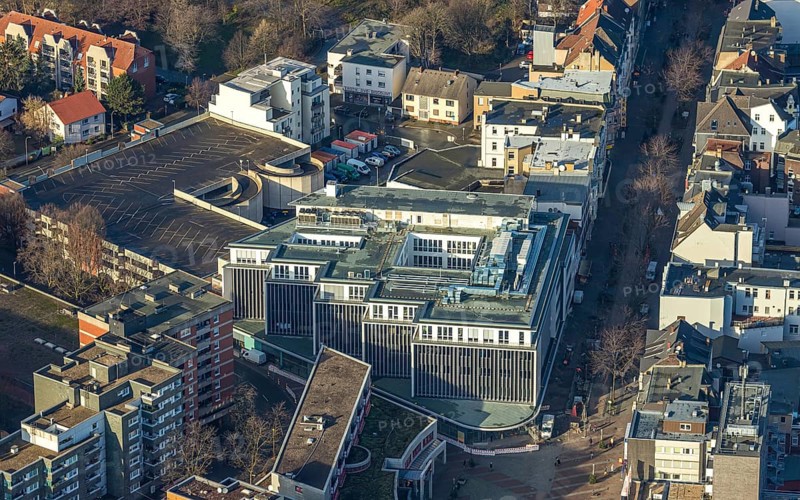 Aerial view, new building Herner Höfe, Q-Park Am Verweilplatz Parkhau, Herne-Mitte, Herne, Ruhr area, North Rhine-Westphalia, Germany, Bahnhofstraße, DE, Europe, aerial view, aerial photography, aerial photography, overview, bird's-eye view, overview