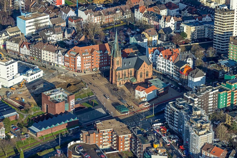 Aerial view, new construction Europagarten, Europaplatz, Kreuzkirche, LWL-Museum für Archäologie, Herne-Mitte, Herne, Ruhr area, North Rhine-Westphalia, Germany, place of worship, construction work, building, construction area, building site, building plots, construction project, construction project, construction site, DE, Europe, religious community, place of worship, church, parish, denomination, aerial view, aerial photography, aerial photography, Rhine-Ruhr metropolitan region, museum, religion, overview, bird's-eye view, overview