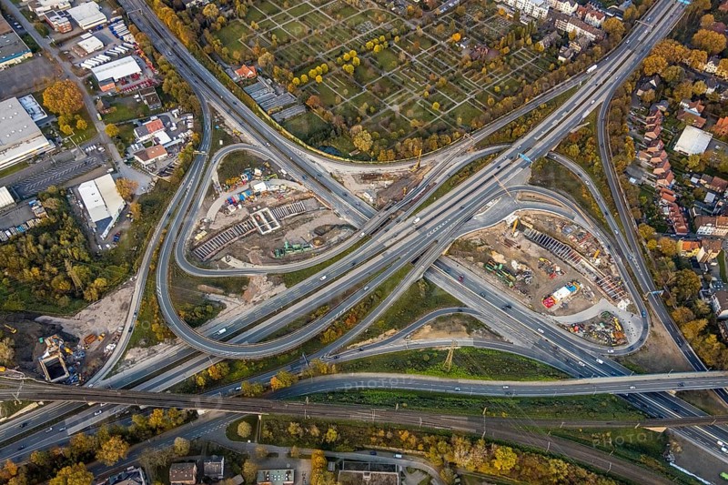 Aerial view of the motorway construction site motorway junction Herne, motorway A42 and A43, major construction site, Baukau, Herne, Ruhr area, North Rhine-Westphalia, Germany, DE, Europe, aerial photo, birds-eyes view, aerial photograph, aerial photography, aerial photography, overview, bird's eye view, traffic infrastructure, dilapidated bridges, tangent, road tunnel, motorway tunnel