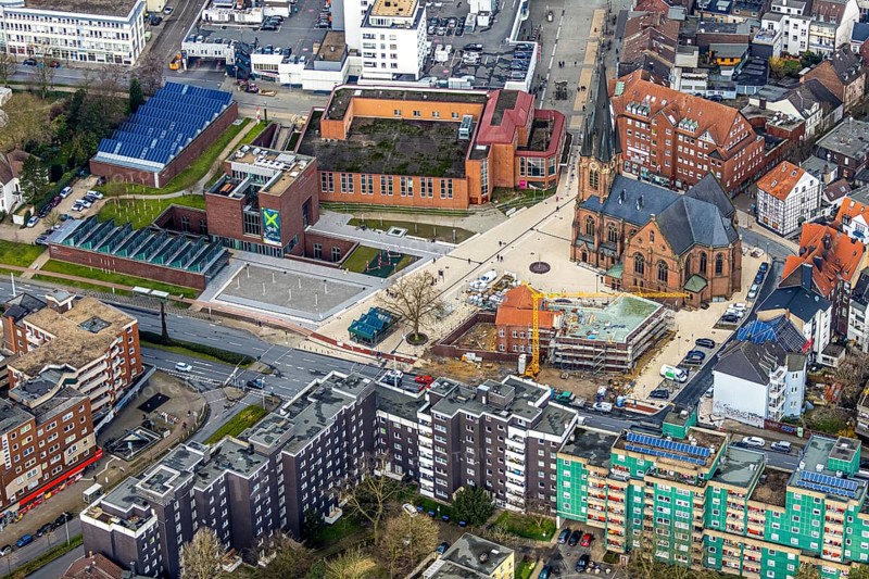 Aerial view, construction site of the new parish hall of the Kreuz-Kirchengemeinde next to the evangelical Kreuzkirche and the YMCA house, Herne, Ruhr area, North Rhine-Westphalia, Germany, DE, Europe, birds-eyes, view, aerial photography, aerial photography, overview, overview, bird's eye view, Christian, association, young, people, youth, community, house of God, religion, faith, worship, mass, parish, community, social, institution
