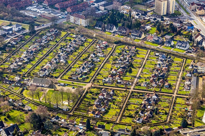 Aerial view, allotment gardens of the allotment garden association Herne Süd, Herne, Ruhr area, North Rhine-Westphalia, Germany, DE, Europe, birds-eyes, view, aerial view, aerial photography, aerial photography, overview, bird's eye view, garden, plants, flowers, fruits, useful plants, fruit, vegetables, recreation, leisure, nature