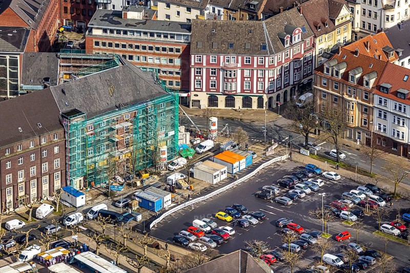 Aerial view, reconstruction / renovation of the Alte Sparkasse building, Herne, Ruhr area, North Rhine-Westphalia, Germany, DE, Europe, birds-eyes, view, aerial photography, aerial photography, overview, overview, bird's eye view