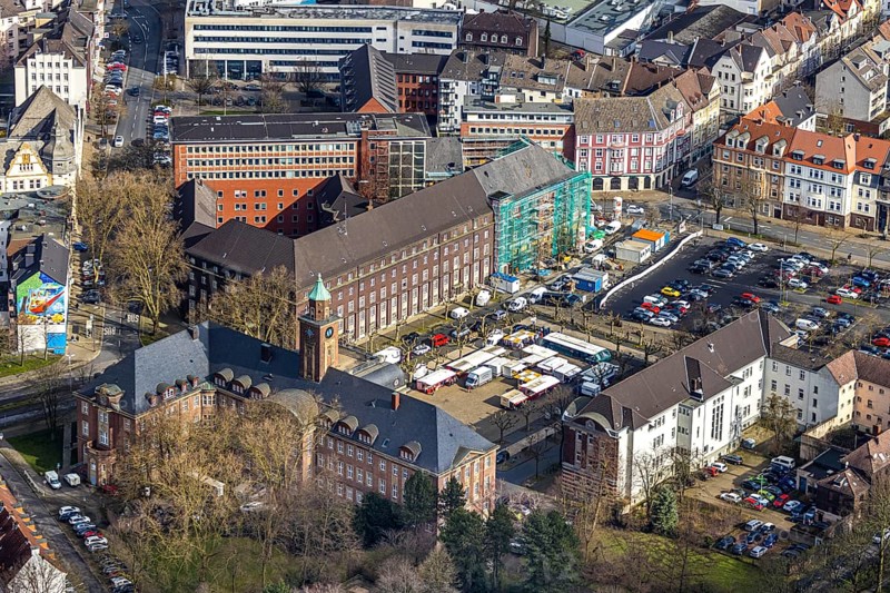 Aerial view, reconstruction / renovation of the Alte Sparkasse building, Herne, Ruhr area, North Rhine-Westphalia, Germany, DE, Europe, birds-eyes, view, aerial photography, aerial photography, overview, overview, bird's eye view