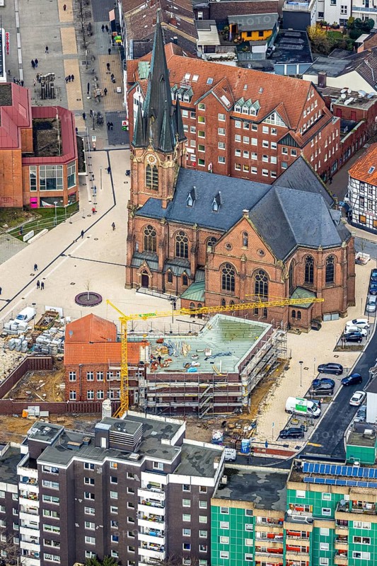 Aerial view, construction site of the new parish hall of the Kreuz-Kirchengemeinde next to the evangelical Kreuzkirche and the YMCA house, Herne, Ruhr area, North Rhine-Westphalia, Germany, DE, Europe, birds-eyes, view, aerial photography, aerial photography, overview, overview, bird's eye view, Christian, association, young, people, youth, community, house of God, religion, faith, worship, mass, parish, community, social, institution