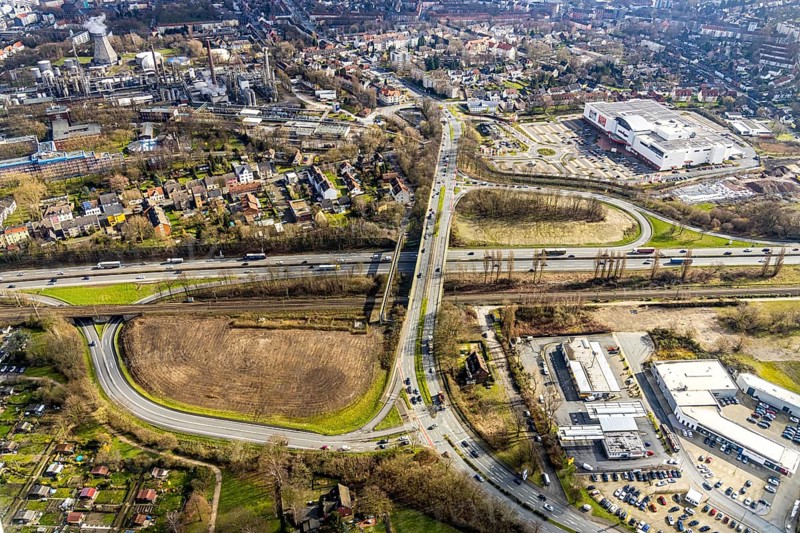 Aerial view, junction AS15 Herne-Eickel at the motorway A43 to Holsterhauser Straße, Herne, Ruhr area, North Rhine-Westphalia, Germany, DE, Europe, birds-eyes, view, aerial photograph, aerial photography, aerial photography, overview, overview, bird's eye view, transport, traffic, infrastructure, logistics, road traffic