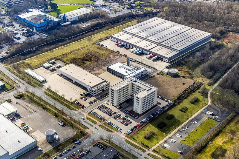 Aerial view, new job centre Herne, logistics centre Bio-Handleshaus Dennree, Herne, Ruhr area, North Rhine-Westphalia, Germany, DE, Europe, birds-eyes, view, aerial photography, aerial photography, overview, bird's eye view, job centre, employment agency, job applications, jobs, work, industry, trade, economy, commercial enterprise, production, trade