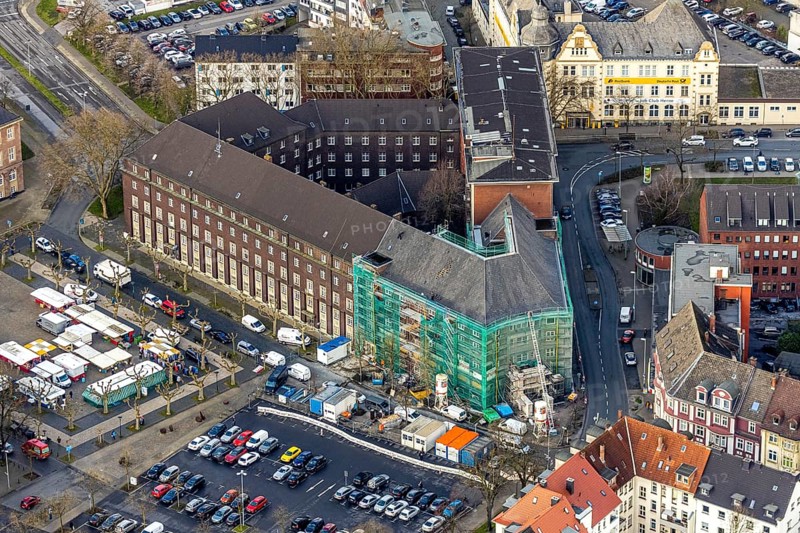 Aerial view, reconstruction / renovation of the Alte Sparkasse building, Herne, Ruhr area, North Rhine-Westphalia, Germany, DE, Europe, birds-eyes, view, aerial photography, aerial photography, overview, overview, bird's eye view