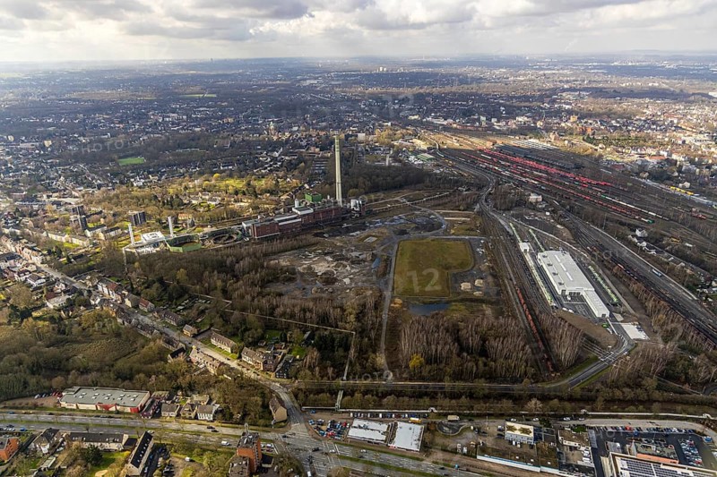 Aerial view, former Blumenthal colliery and disused Shamrock coal-fired power station, where the International Technology World is to be built, Herne, Ruhr area, North Rhine-Westphalia, Germany, DE, Europe, birds-eyes, view, aerial photograph, aerial photography, overview, bird's eye view, former, industrial site, structural change, research, development, science, technology, office, service, jobs