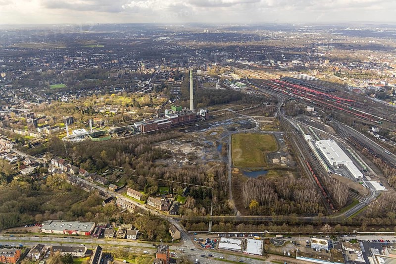 Aerial view, former Blumenthal colliery and disused Shamrock coal-fired power station, where the International Technology World is to be built, Herne, Ruhr area, North Rhine-Westphalia, Germany, DE, Europe, birds-eyes, view, aerial photograph, aerial photography, overview, bird's eye view, former, industrial site, structural change, research, development, science, technology, office, service, jobs