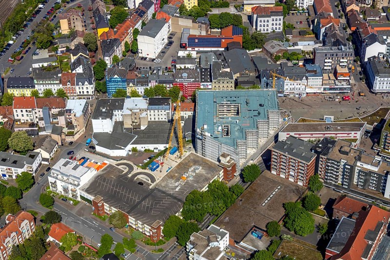 Aerial view, construction site Neue Höfe Herne, Q-Park Am Verweilplatz, Herne, Ruhr area, North Rhine-Westphalia, Germany, construction work, construction area, building site, building plots, construction project, construction site, office building, DE, Europe, capacity requirement, aerial view, aerial photography, aerial photography, overview, bird's-eye view, overview