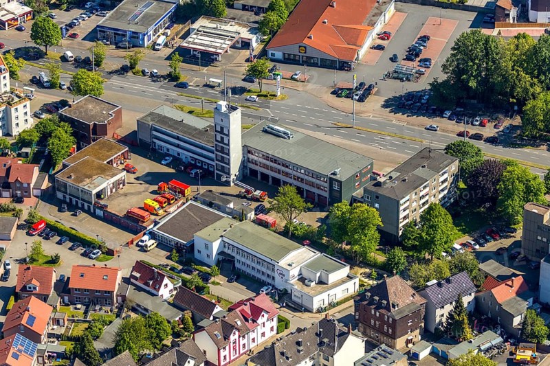 Aerial photo, fire brigade Herne, Herne, Ruhr area, North Rhine-Westphalia, Germany, fire fighter, fire protection, fire watch, DE, Europe, fire station, fire brigade, aerial photo, aerial photography, aerial photography, overview, bird's-eye view, overview