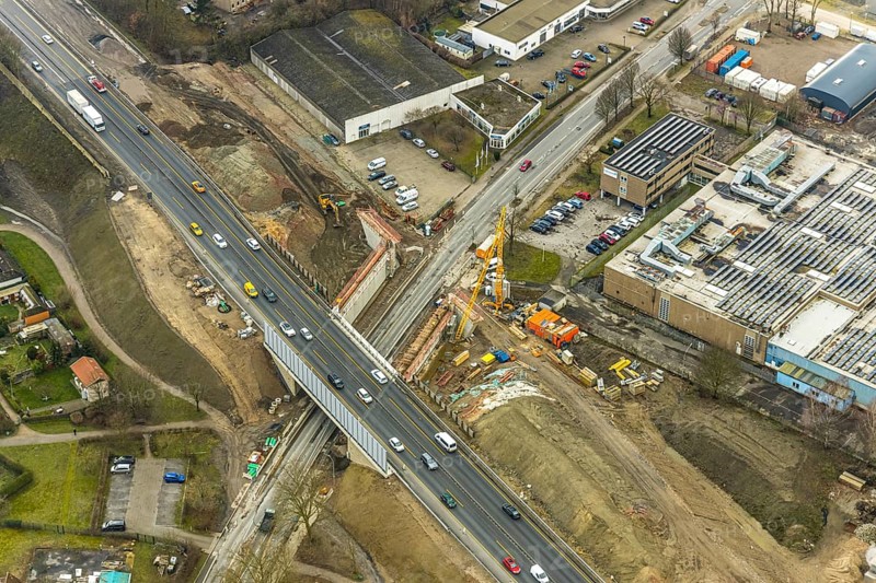 Aerial view, motorway junction 21 Herne, intersection of the A42 and A43 motorways, new construction of a 550m long tunnel in so-called open construction method to be completed in 2022, Herne, Ruhr area, North Rhine-Westphalia, Germany, DE, Europe, birds-eyes, view, aerial photograph, aerial photography, aerial photography, overview, overview, bird's eye view, transport, traffic, infrastructure, logistics, road traffic, road construction, traffic routing, road traffic, railway line, railway network, transport system, train traffic, freight traffic, railway network