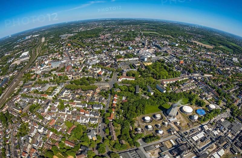 Aerial view, townscape with fisheye lens, overview, Neustraße, Westring, Herne, Ruhr area, North Rhine-Westphalia, Germany, City, DE, Europe, fisheye lens, aerial view, aerial photography, aerial photography, townscape, city area, super wide angle lens, bird's eye view, bird's eye view, overview