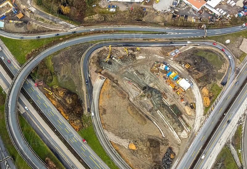 Aerial view, motorway junction 21 Herne, intersection of the A42 and A43 motorways, new construction of a 550m long tunnel in so-called open construction method to be completed in 2022, Herne, Ruhr area, North Rhine-Westphalia, Germany, DE, Europe, birds-eyes, view, aerial photograph, aerial photography, aerial photography, overview, overview, bird's eye view, transport, traffic, infrastructure, logistics, road traffic, road construction, traffic routing, road traffic, railway line, railway network, transport system, train traffic, freight traffic, railway network