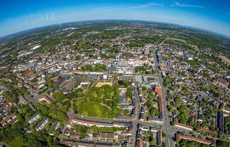 Aerial view, townscape with fisheye lens, park at Bergelmanns Hof, cultural centre Herne, town hall, city library Herne, city overview, Westring, Herne, Ruhr area, North Rhine-Westphalia, Germany, City, DE, Europe, fisheye lens, aerial view, aerial photography, aerial photography, location view, townscape, city area, super wide angle lens, overview, bird's eye view, bird's eye view, overview