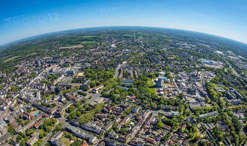 Aerial view, townscape with fisheye lens, overview, Ineos Herne, chemical plant, town hall, Westring, city overview, Herne, Ruhr area, North Rhine-Westphalia, Germany, City, DE, Europe, fisheye lens, aerial view, aerial photography, aerial photography, townscape, city area, super wide angle lens, bird's eye view, bird's eye view, overview