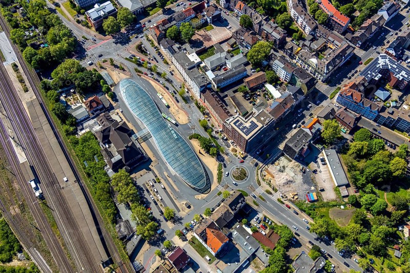 Aerial view, futuristic bus station at Herne railway station, Herne, Ruhr area, North Rhine-Westphalia, Germany, Herne railway station, bus station, bus stop, DE, Europe, roundabout, aerial view, aerial photography, aerial photography, overview, bird's eye view, birds-eyes view, futuristic, overview