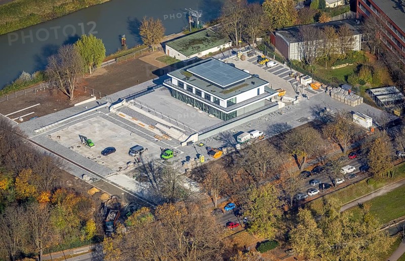 Aerial view, new construction water sports centre, construction area Adenauerallee, at Hammonense grammar school, Hamm, Ruhr area, North Rhine-Westphalia, Germany, construction work, construction vehicles, construction area, construction site, building plots, construction crane, construction measure, construction project, construction site, education, educational institution, DE, development, Europe, grammar school, canal edge, teaching institute, aerial view, aerial photography, aerial photography, new construction, school, overview, bird's eye view, water sports, birds-eyes view, overview