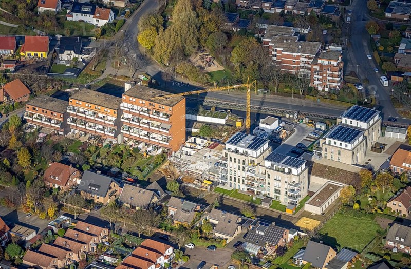 Aerial view, construction site, new building, Augenweide residential complex, condominiums and penthouses, Grenzweg, Uentrop, Hamm, Ruhr area, North Rhine-Westphalia, Germany, construction work, construction area, building site, building plots, construction project, DE, development, Europe, property tax, real estate, capacity requirement, aerial photograph, aerial photography, aerial photography, new building, overview, bird's eye view, residential complex, living and living, residential buildings, quality of living, residential neighbourhood, bird's eye view, overview