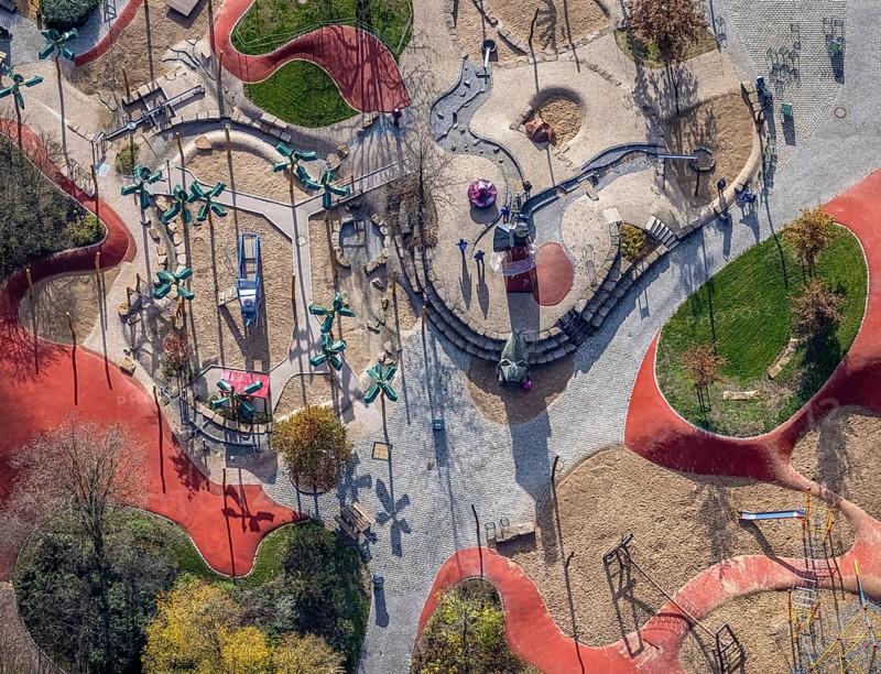 Aerial view, Maximilianpark Hamm, children's playground, Uentrop, Hamm, Ruhr area, North Rhine-Westphalia, Germany, DE, Europe, leisure park, site of the disused Maximilian colliery, glass elephant landmark, aerial view, aerial photography, aerial photography, MaxiPark, playground, overview, bird's-eye view, overview